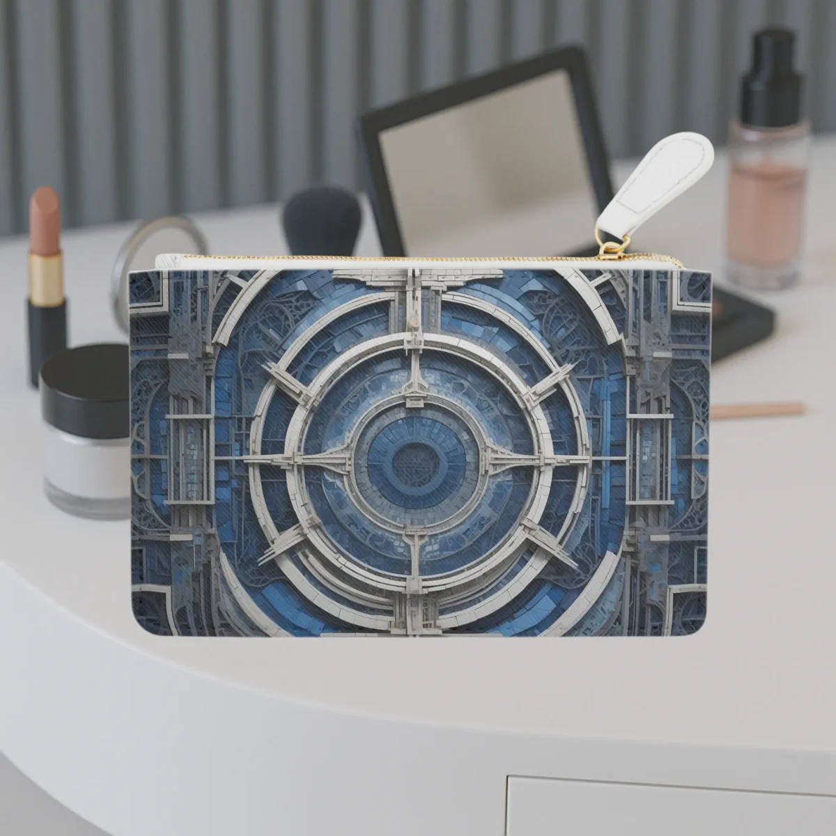 Front view of mini clutch bag with intricate blue and white architectural design on vanity table