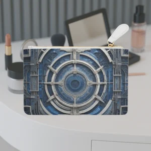Front view of mini clutch bag with intricate blue and white architectural design on vanity table