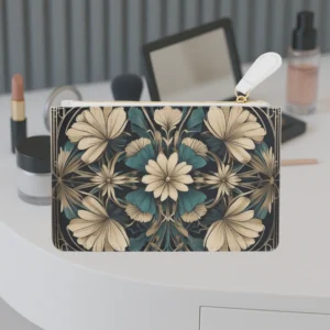 Front view of mini clutch bag with vintage art deco floral pattern in beige and teal tones