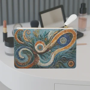 Mini clutch bag featuring a colorful biomorphic mosaic pattern displayed on a vanity table.