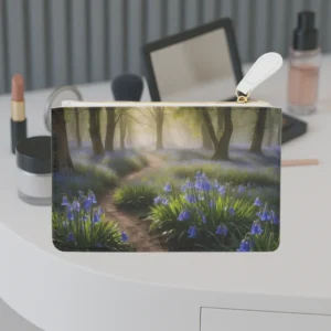 Mini clutch bag with a serene bluebell forest path design displayed on a vanity table.