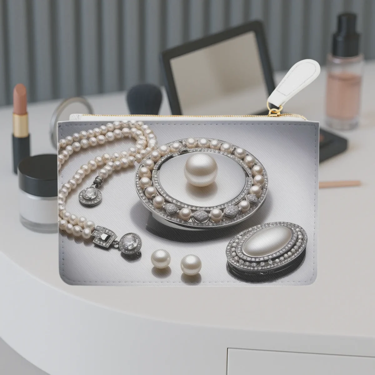 Mini clutch bag featuring a detailed print of vintage-style fashion accessories including pearl jewelry and brooches.