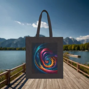 Flat black tote bag with a multicolor swirling ribbon design displayed on a boardwalk near a lake and mountains.