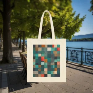 abstract plaid tote bag with multicolor geometric pattern displayed on a white bag near a waterfront