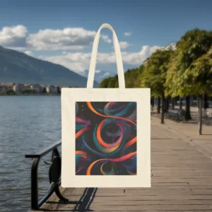 colorful abstract geometric tote bag hanging by a riverside path with mountains and trees in the background