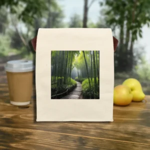 Flat front view of a canvas lunch bag with a vibrant bamboo forest image, resting on a wooden table outdoors.