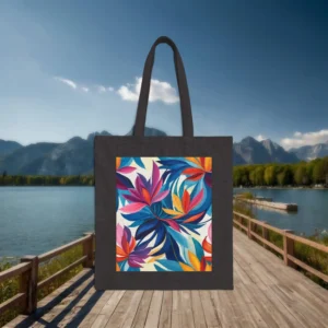 Black canvas tote bag with vibrant abstract petal pattern displayed flat outdoors