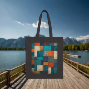 Black canvas tote bag with abstract plaid square design in teal, orange, and beige