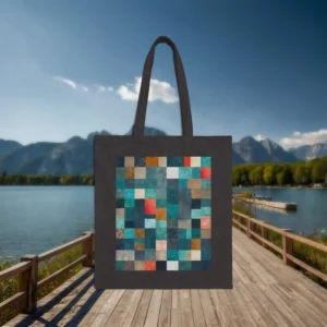 Black canvas tote bag with a multicolored abstract plaid pattern in teal, red, white, and brown