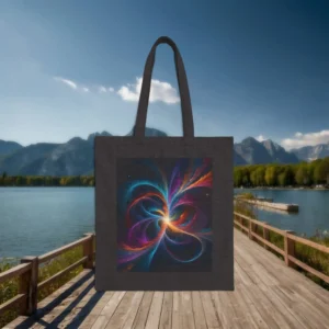 Black canvas tote bag with vibrant swirling abstract design displayed flat outdoors