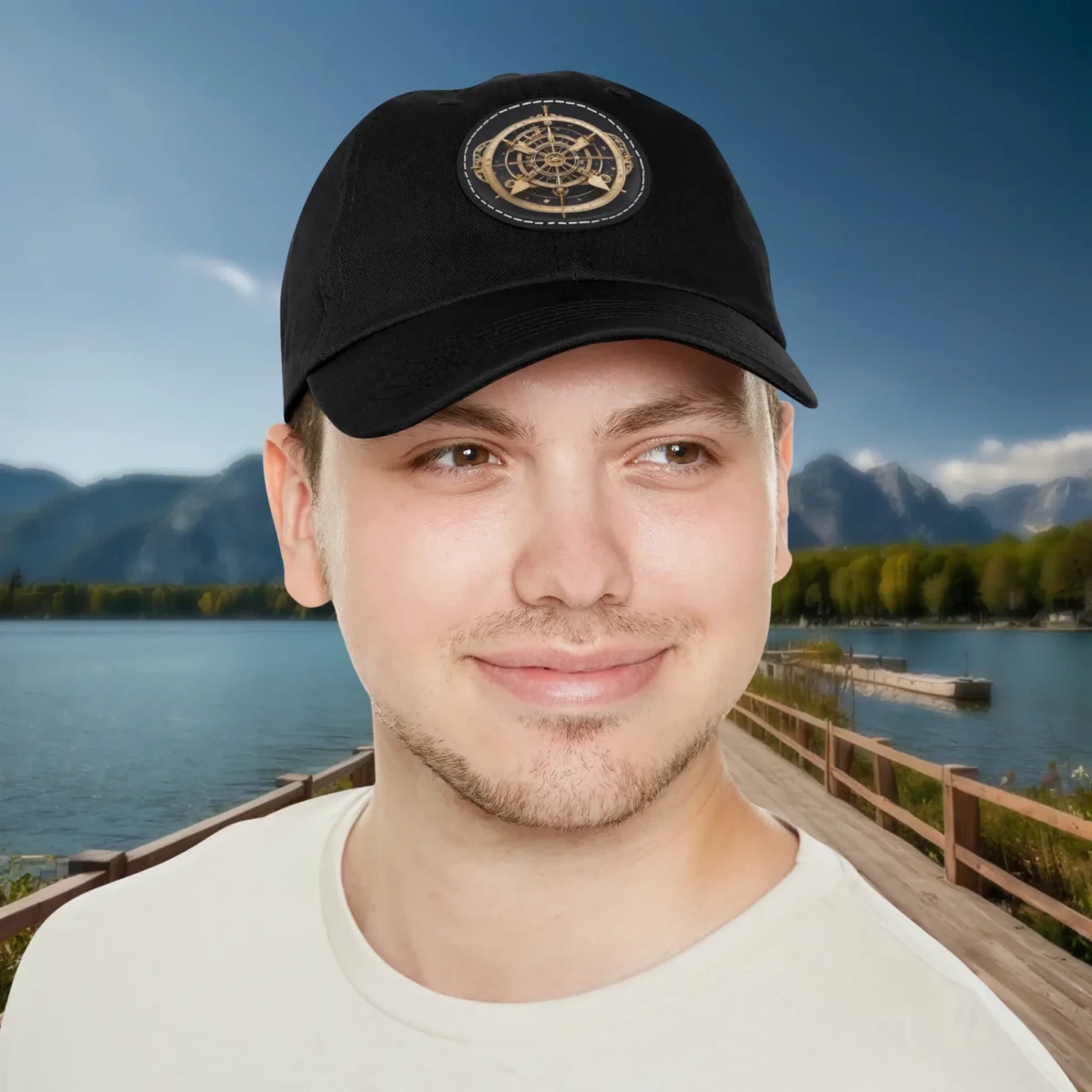 Man wearing a black baseball cap with golden astrolabe design patch