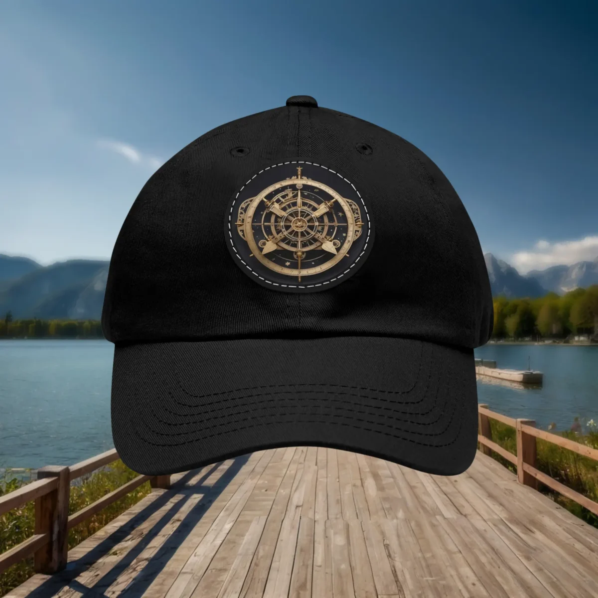 Black baseball cap with golden astrolabe design patch on front