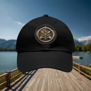 Black baseball cap with golden astrolabe design patch on front
