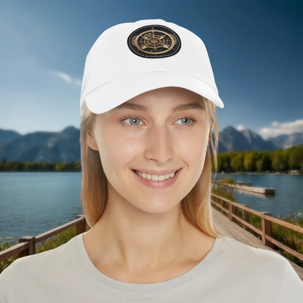 Woman wearing a white baseball cap with golden astrolabe patch