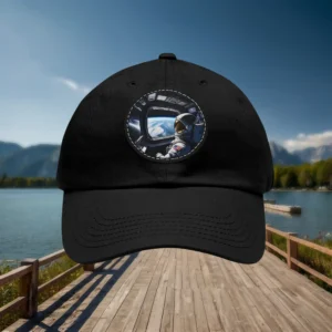 Black baseball cap with astronaut space window patch on front