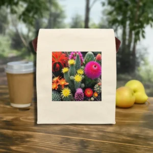 Flat front view of canvas lunch bag with vibrant cactus flowers print, surrounded by fruit and a coffee cup on a wooden table.