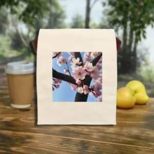 Flat front view of canvas lunch bag featuring a cherry blossom image, displayed on a wooden table with fruit and coffee.
