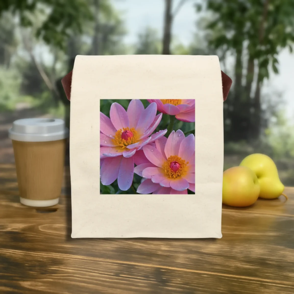 Flat front view of canvas lunch bag with close-up pink flower print, surrounded by apples and a coffee cup outdoors.