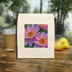 Flat front view of canvas lunch bag with close-up pink flower print, surrounded by apples and a coffee cup outdoors.