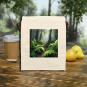 Flat front view of a canvas lunch bag with detailed forest fern and tree path print, set on a wooden table outdoors.