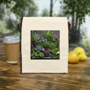 Flat front view of a canvas lunch bag with a detailed garden plant print, styled on an outdoor table with fruit and a takeaway coffee cup.