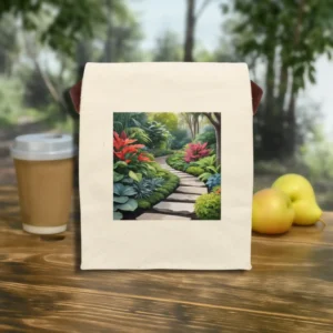 Flat front view of canvas lunch bag featuring a garden stone pathway design with lush plants and flowers.