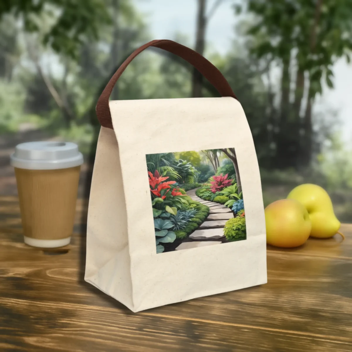 Front angled view of a canvas lunch bag with a colorful garden path print and brown strap, styled with fruit and coffee outdoors.
