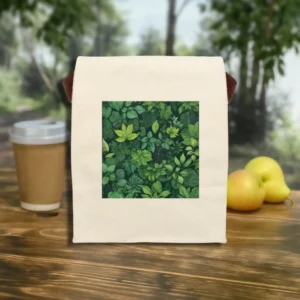 Front view of a reusable canvas lunch bag with green foliage print.
