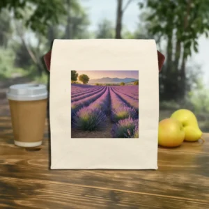 Front view of a canvas lunch bag featuring a printed image of a lavender field at sunset.