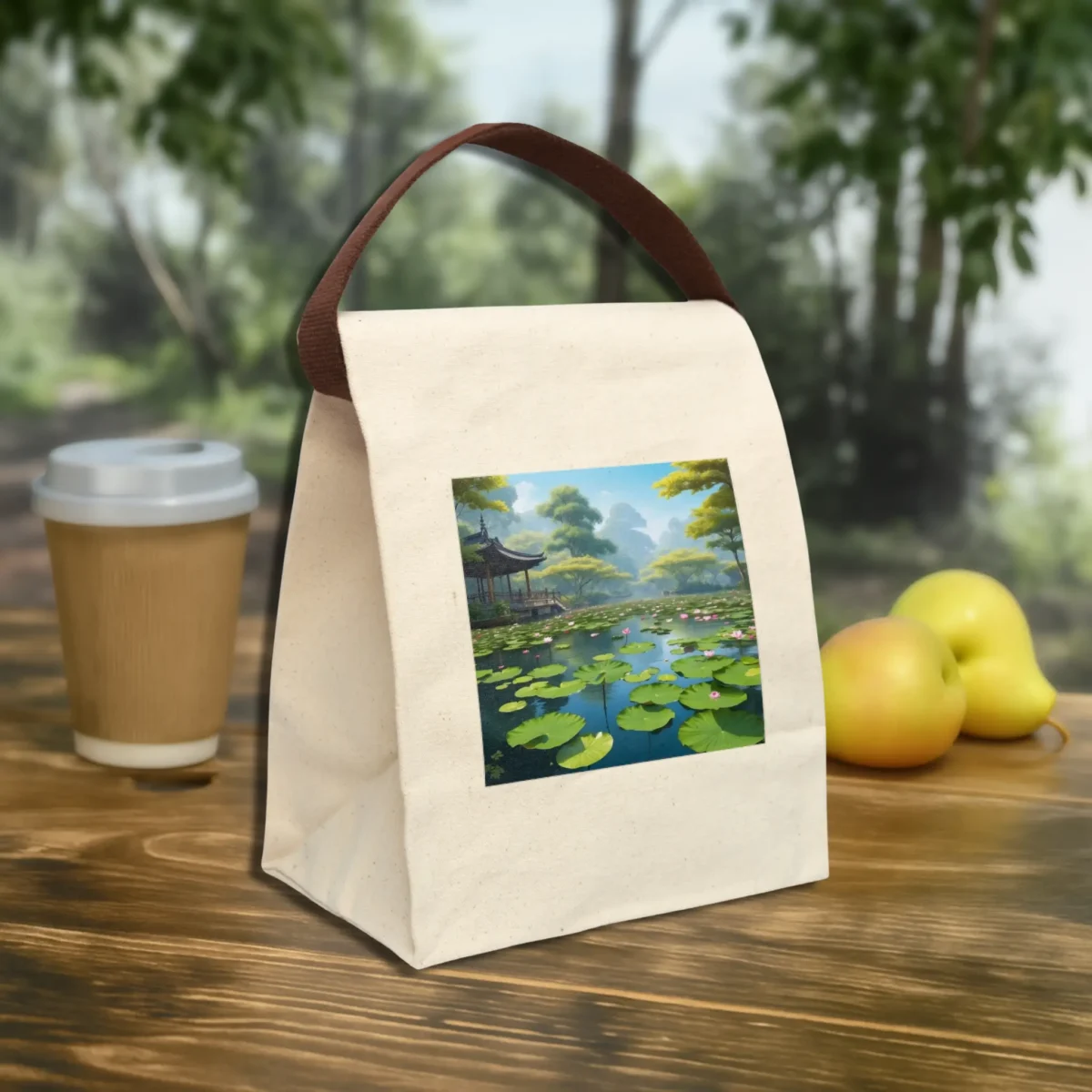 Canvas lunch bag with a scenic print of a lotus pond and pavilion under blue skies.
