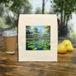 Front view of canvas lunch bag with a lotus pond print and a tranquil natural background.