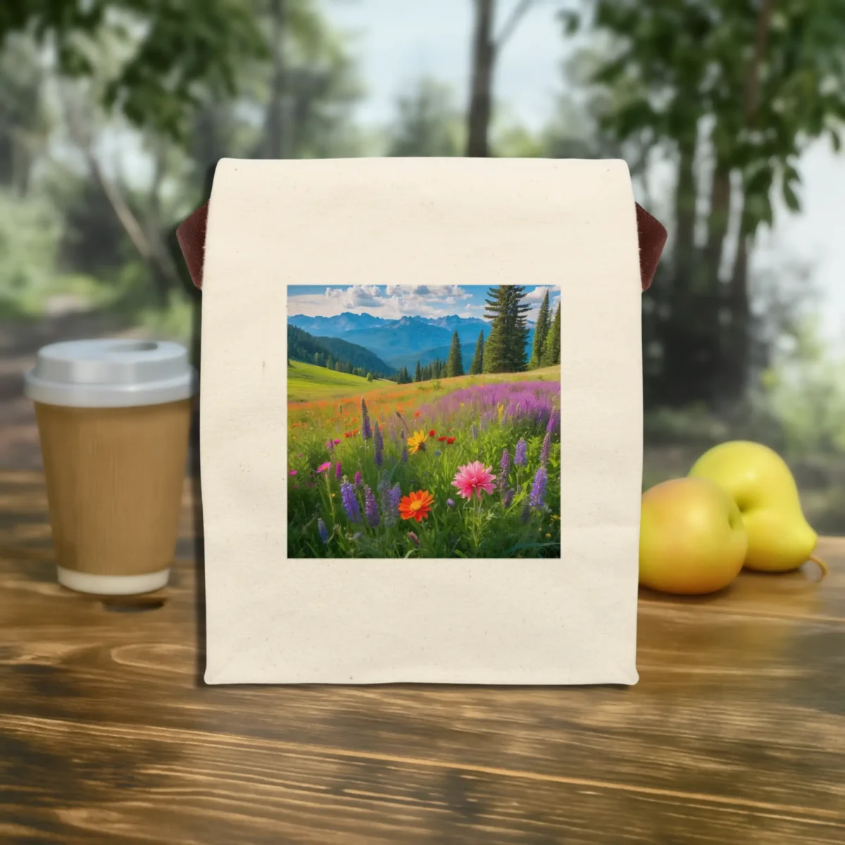Front view of a reusable canvas lunch bag with a mountain meadow wildflower print.