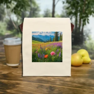 Front view of a reusable canvas lunch bag with a mountain meadow wildflower print.