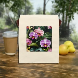 Front view of canvas lunch bag with colorful orchid print and tropical greenery.