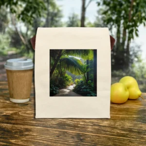 Front view of a canvas lunch bag with a tropical forest print featuring a pathway and sunlight.