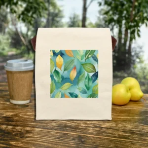 Front view of eco canvas lunch bag with colorful watercolor leaves pattern