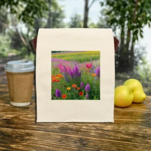 Front view of a canvas lunch bag with vivid wildflower meadow design