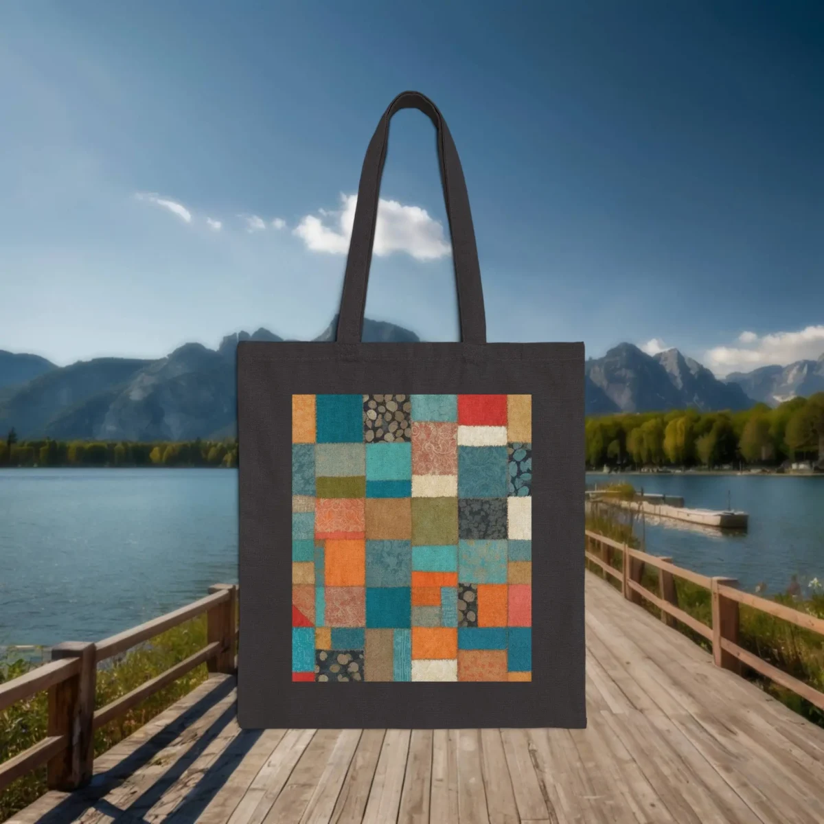 Black canvas tote bag with multicolored geometric patchwork design displayed flat