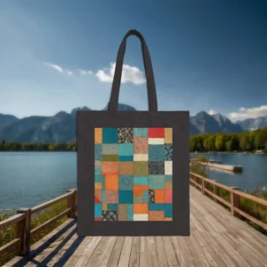 Black canvas tote bag with multicolored geometric patchwork design displayed flat