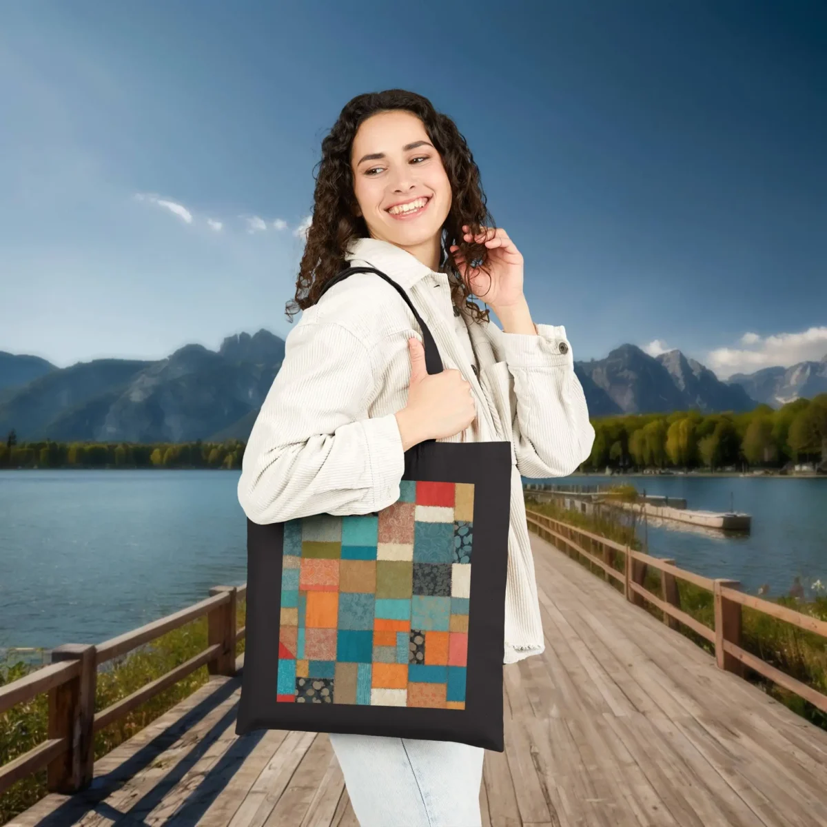 Woman with a black canvas tote bag featuring a colorful vintage-style patchwork design