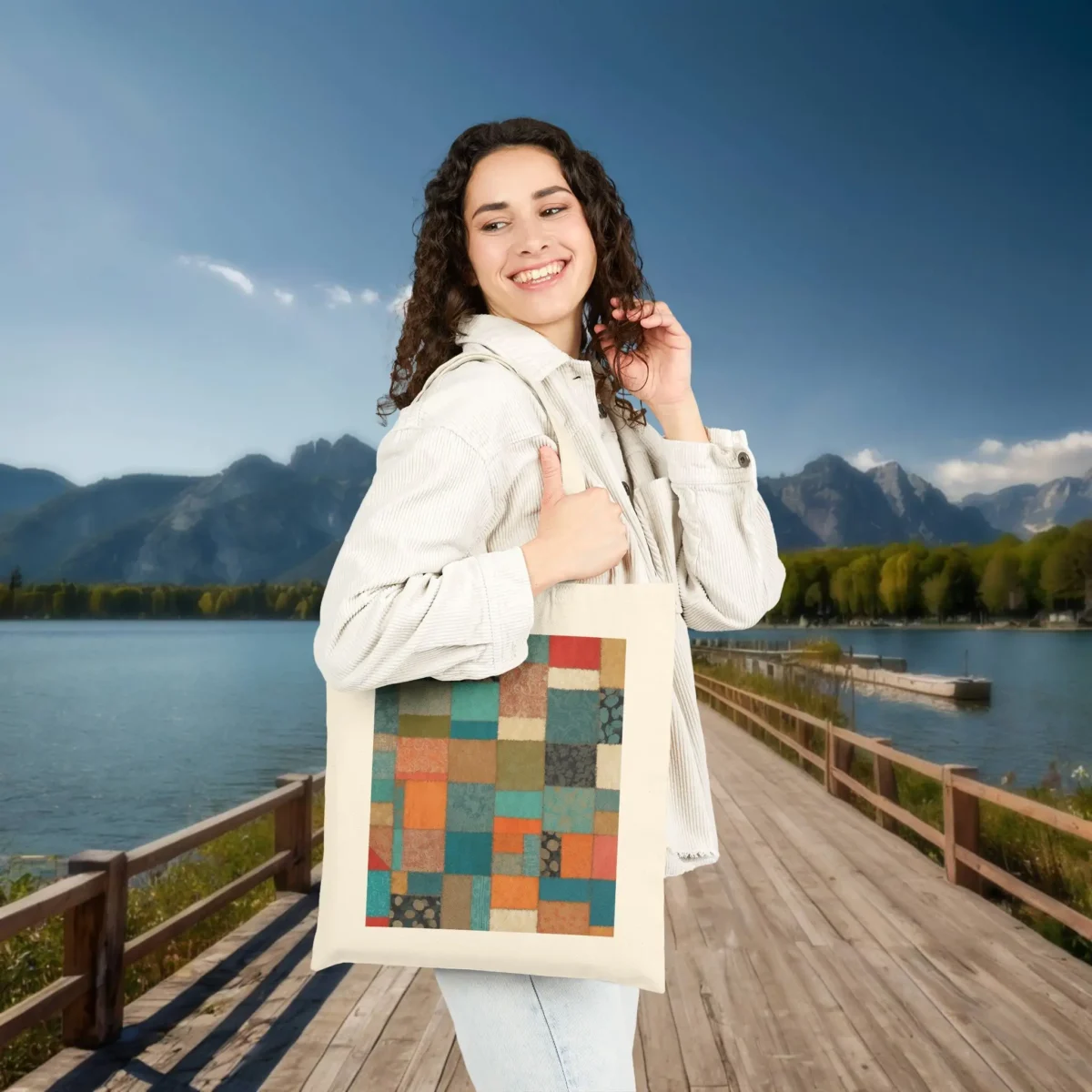 Woman carrying a natural cotton tote bag with colorful patchwork-style chic design