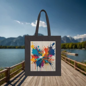 Flat black canvas tote bag with vivid multicolor splash artwork