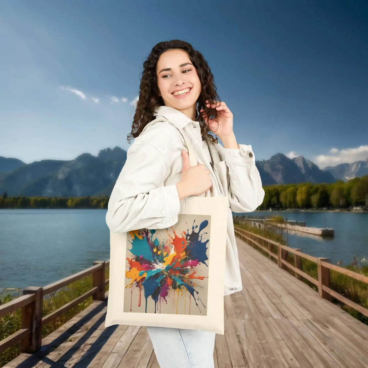 Natural canvas tote bag with colorful abstract splash design worn by a woman