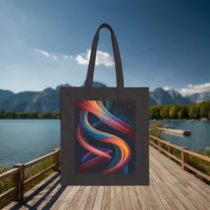 Black tote bag with vibrant colorful ribbon-like abstract geometric design