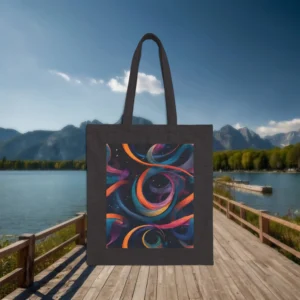 Flat black tote bag with colorful swirling geometric pattern on dark background