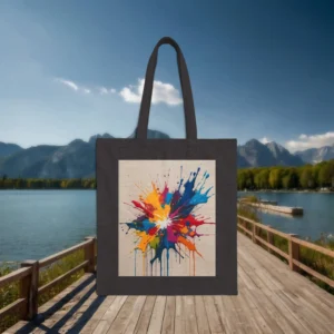 Flat black canvas tote bag with bold colorful splash paint artwork