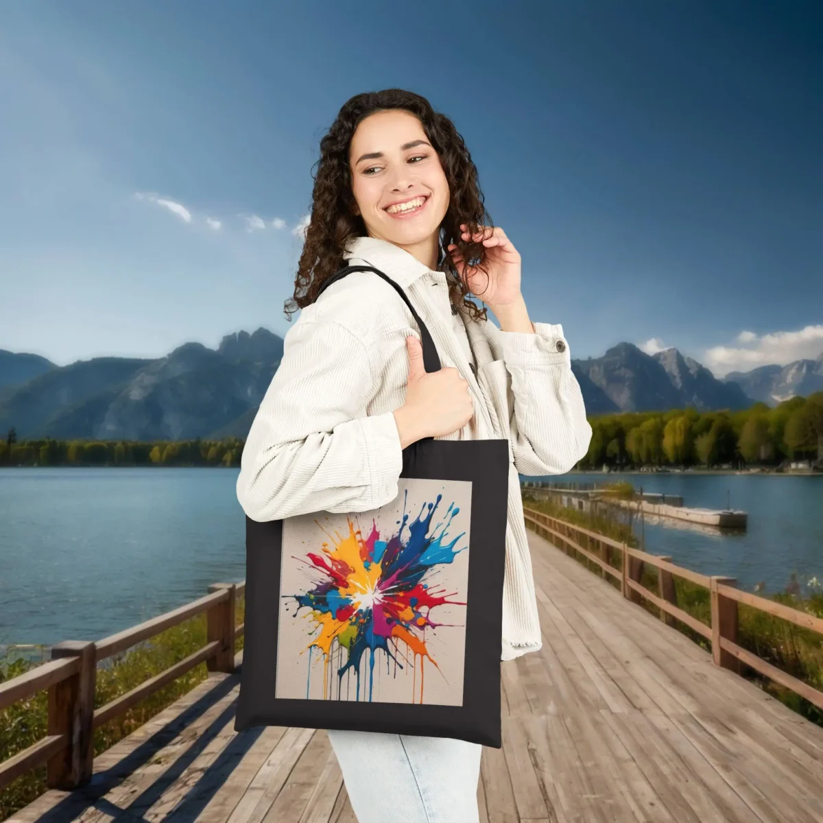 Woman holding a black tote bag with colorful explosive paint splash design