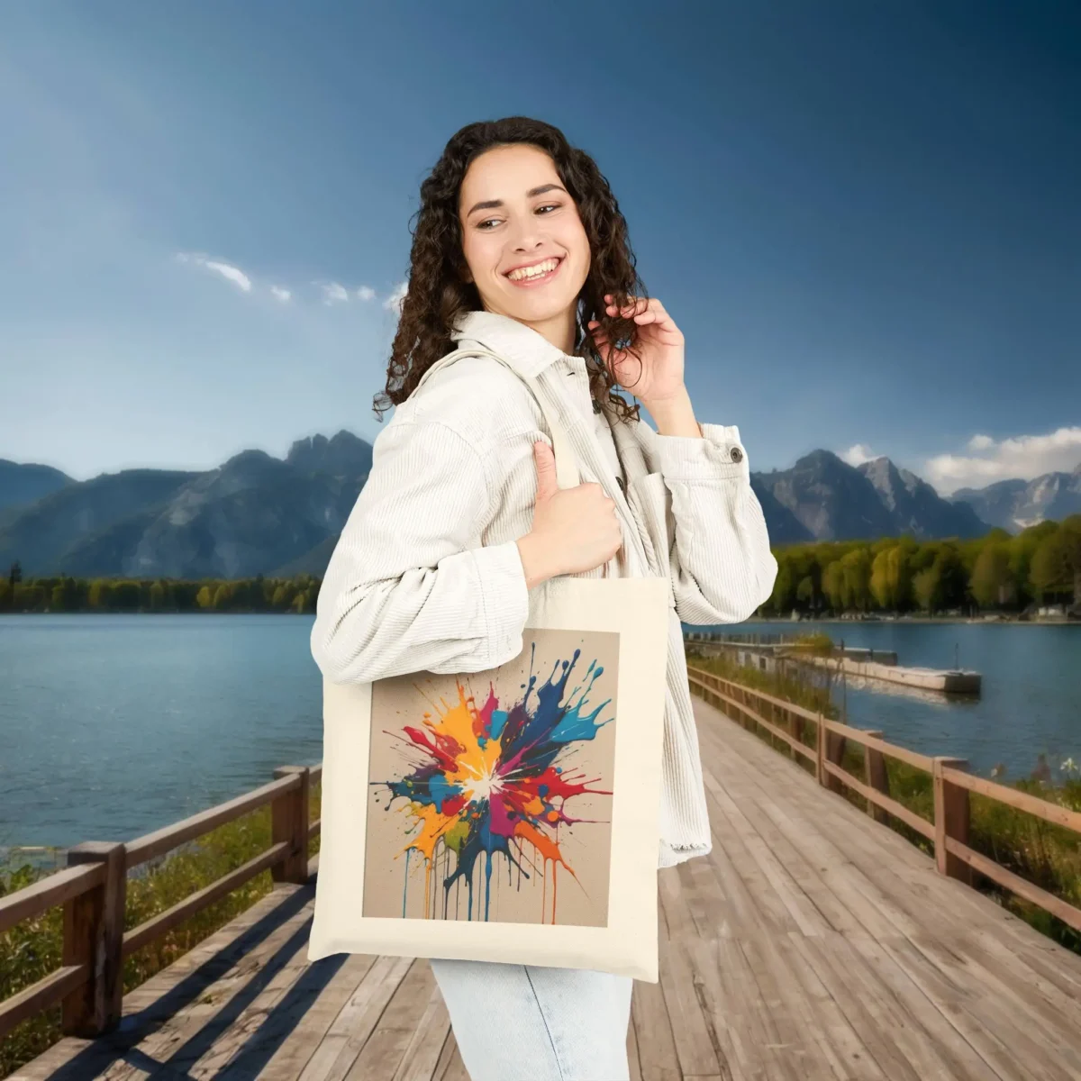 Woman carrying a natural tote bag with vibrant abstract paint splash artwork