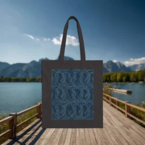 Flat black tote bag with an intricate interlocking circle pattern in blue, displayed on a wooden pier by a mountain lake.