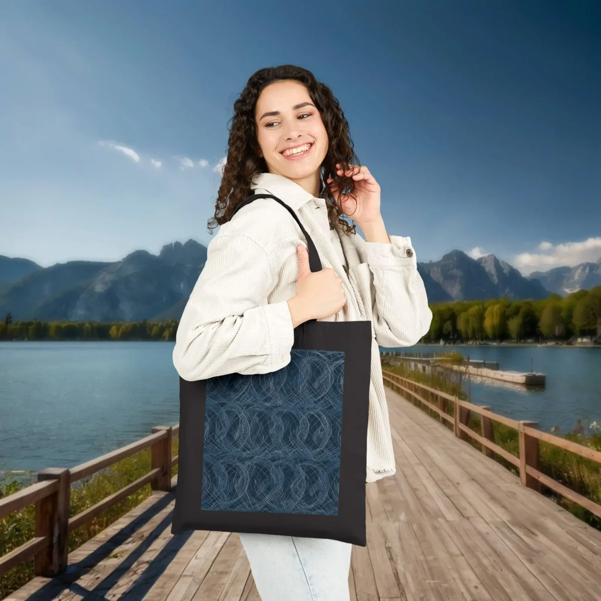 Woman wearing a black cotton tote bag printed with a blue interlocking circle design, standing on a scenic boardwalk.